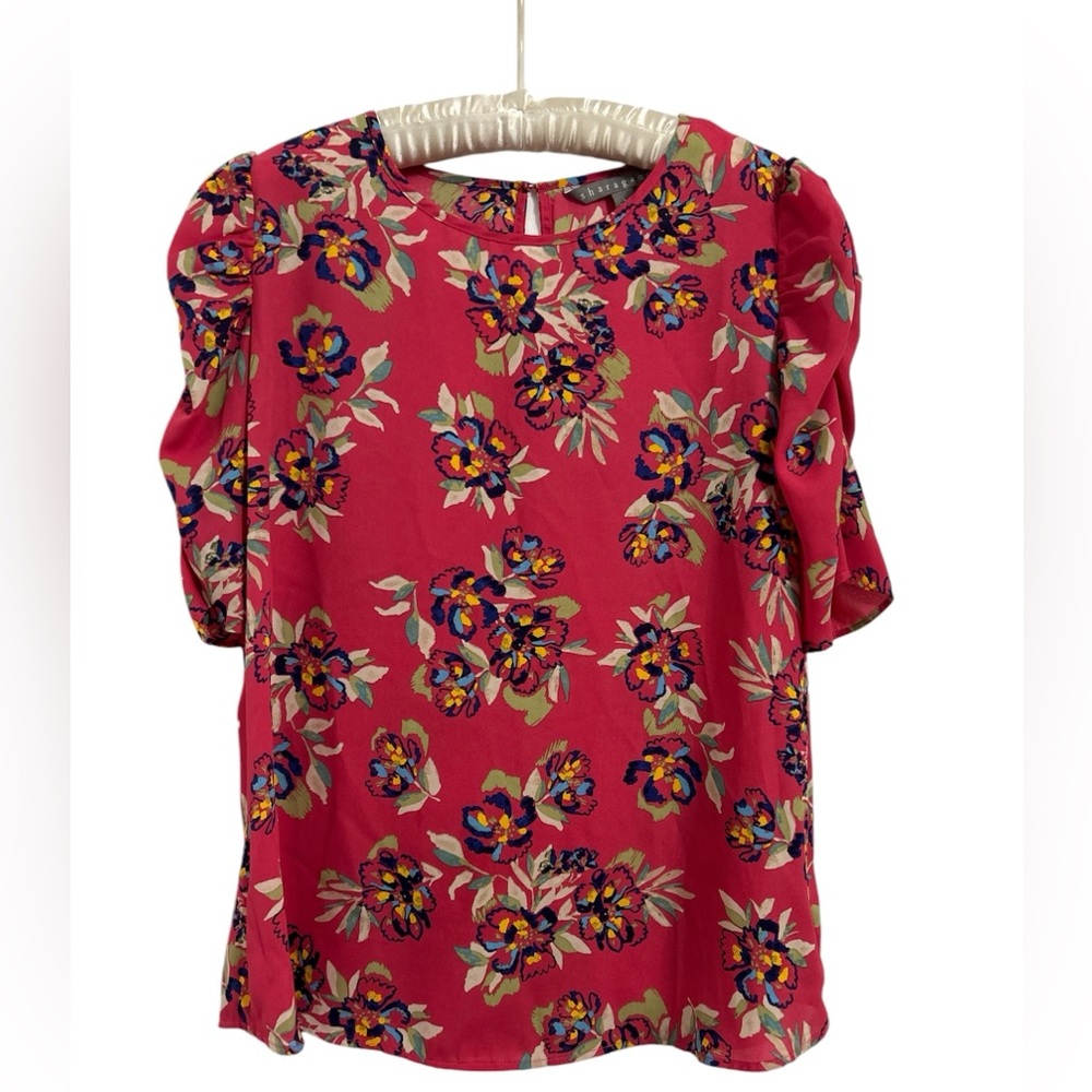Sharagano Floral Printed Blouse Ruched Sleeves Size Large